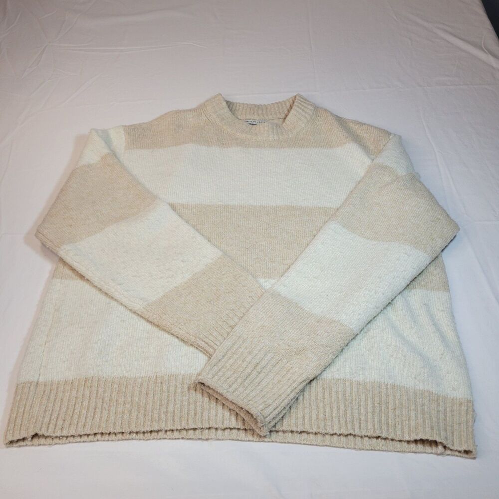 American Eagle S Striped Crewneck Sweater Womens Tan Beige White Knit Cozy Plush